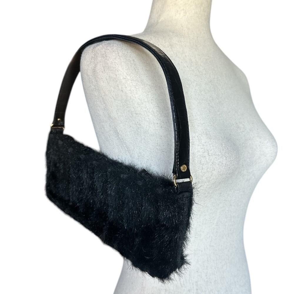Kate Spade Black Faux Fur Shoulder Bag Embossed Strap Bright Print Lining Chic